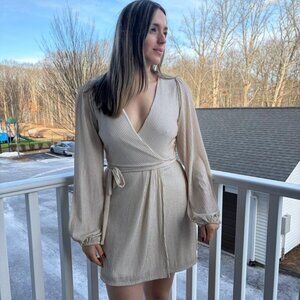Francesca’s Metallic Wrap Mini Dress – Champagne Gold – Size M